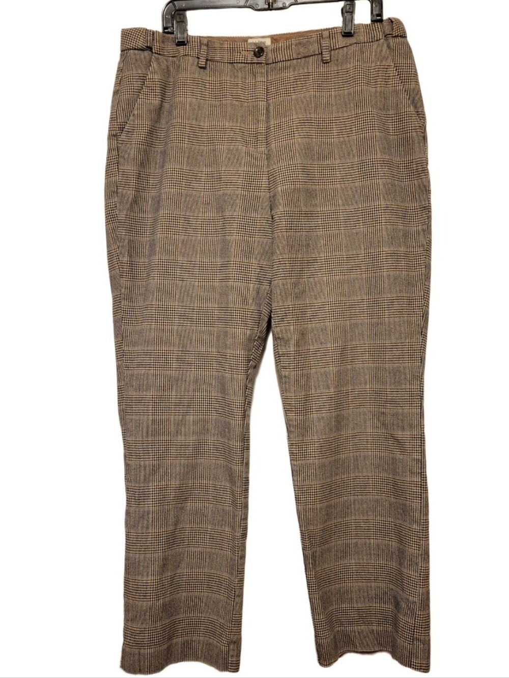 L.L. Bean Classic Fit Houndstooth Plaid Lined Trousers Size 16 Regular Tan/black